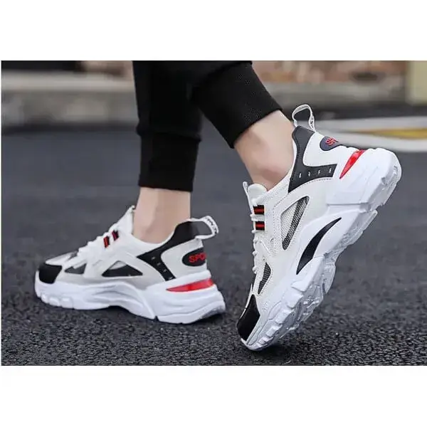 Mens Colorblock Mesh Sneakers | Breathable Lightweight Platform Casual Shoes in White Blue, White Red, Black