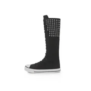 Komkoy Women Fashion Rivet Decor Side Zipper Canvas High Boots