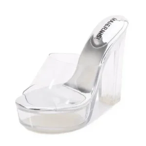 Komkoy Women Fashion Plus Size Transparent Crystal Chunky Heel Platform High