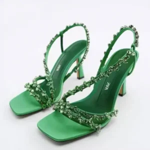 Komkoy Women Fashion Plus Size Sexy Rhinestone Strap Square Toe Heeled Sandals