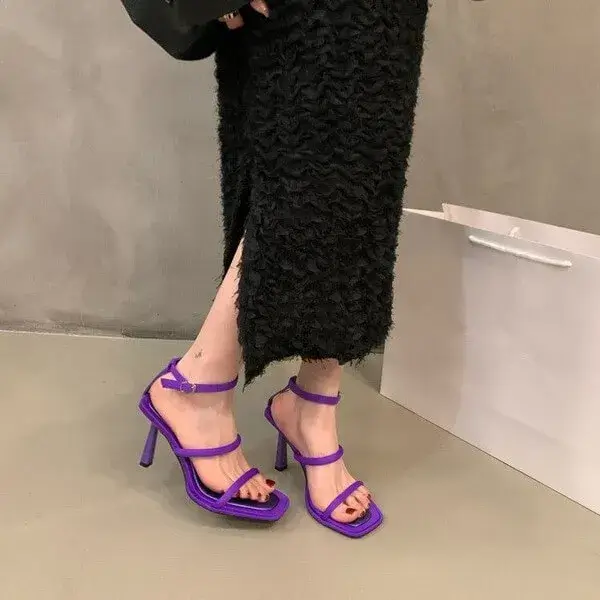 Komkoy Women Fashion Sexy Simple Strap Square Toe Heeled Sandals