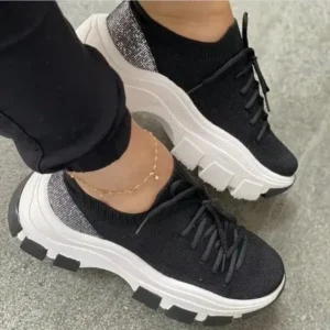 Komkoy Wedge Heel Flying Woven Colorblock Lace-Up Sneakers Large Size Casual Low Top Women Shoes