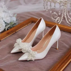 Komkoy Women Fashion Sexy Pointed Satin Pearl Pointed Toe Shoes