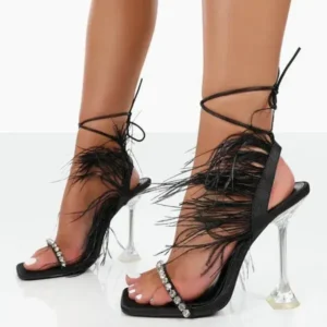 Komkoy Women Fashion Sexy Rhinestone Feather Decorative Solid Color High Heel Sandals Shoes