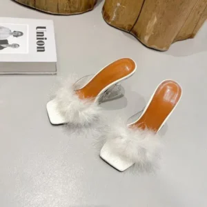 Komkoy Women Fashion Sexy Feather Decoration Solid Color Chunky High Heel Slippers Shoes