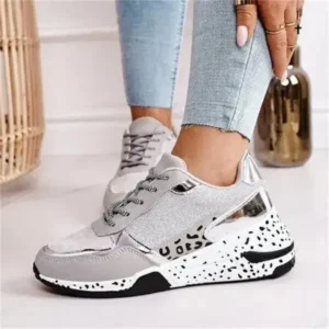 Komkoy Women Fashion Casual Leopard Print Color Matching Lace-Up Platform Sneakers