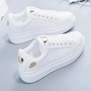 Komkoy Women Casual Fashion Rose Embroidery Thick-Soled Comfortable PU Leather White Sneakers