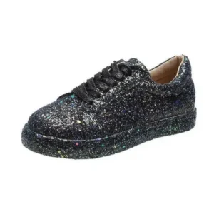 Komkoy Women Creative Casual Sequined Solid Color Lace-Up Low-Top Flat Sneakers