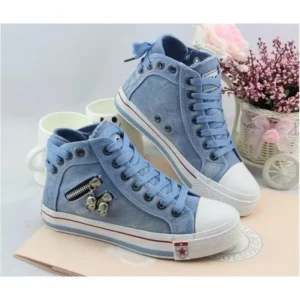 Komkoy Women Casual Spring Zipper Decor Lace-Up High Top Denim Canvas Sneakers