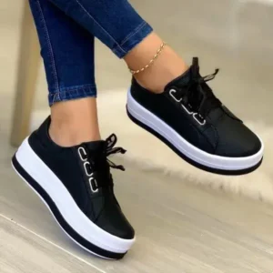 Komkoy Women Casual Round Toe Lace-Up Block Color Platform Shoes PU Sneakers