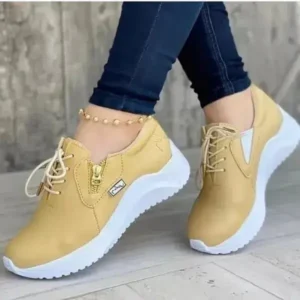 Komkoy Women Casual Round Toe Low Cut Lace-Up PU Side Zipper Design Solid Color Sneakers