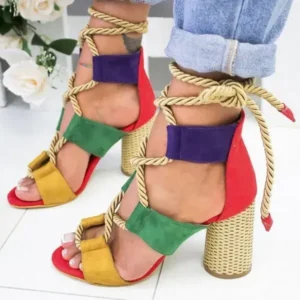 Komkoy Women Fashion Sexy Cross Hollow Lace Up Design Color Blocking High Heel Sandals Shoes