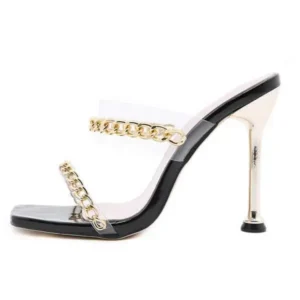 Komkoy Women Sexy Plus Size Metal Chain Square-Toe High Heel Sandals