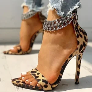 Komkoy Women Sexy Metal Chain Buckle Ankle Strap Animal Printed High Heels