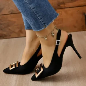 Komkoy Summer Women Fashion Casual Plus Size Solid Color Pointed Toe Metal Buckle Sling Back High Heel Sandals