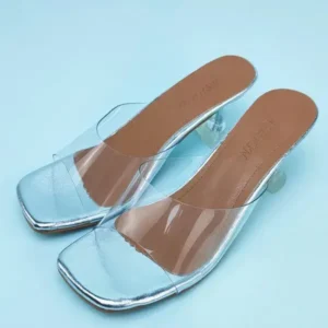 Komkoy Women Fashion Casual Square Toe Transparent Design Mid Heel Slippers