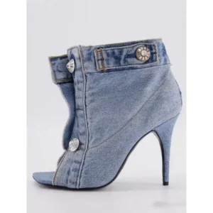 Komkoy Women Fashion High Heel Denim Button High Top Boots