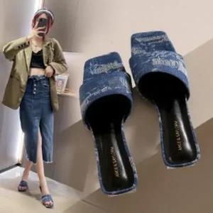 Komkoy Women Fashion Casual PU Denim Square Toe Chunky Heel Slippers