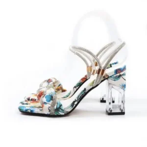 Komkoy Women Fashion Sexy PU Rhinestone Floral Printed Square Toe Chunky Heel ?Sandals