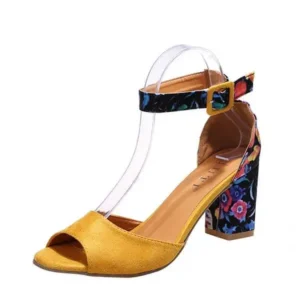 Komkoy Women Fashion Sexy PU Floral Printed Peep Toe Chunky Heel Ankle Strap Buckle Sandals