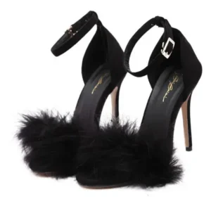 Komkoy Women Fashion Sexy PU Solid Color Feather Peep Toe Stiletto Heel Ankle Strap Buckle Sandals