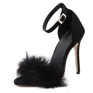 Komkoy Women Fashion Sexy Solid Color Feather Peep Toe Stiletto Heel Ankle Strap Buckle Sandals