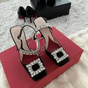 Komkoy Women Fashion Elegant PU Square Toe Rhinestone Stiletto Heel Ankle Strap Buckle Sandals