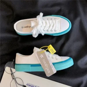 Komkoy Women Fashion Cream Blue Canvas Lace-Up Sneakers