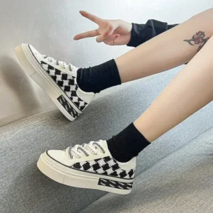 Komkoy Women Fashion Platform Checkerboard Canvas Sneakers