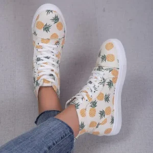 Komkoy Women Fashion Round Toe Lace-Up Pineapple Strawberry Flat Sneakers