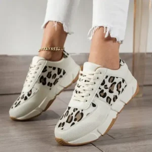 Komkoy Women Fashion Round Toe Stitching Lace Up Low Top Leopard Sports Sneakers